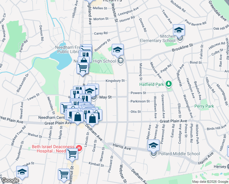 map of restaurants, bars, coffee shops, grocery stores, and more near 31 Fair Oaks Park in Needham
