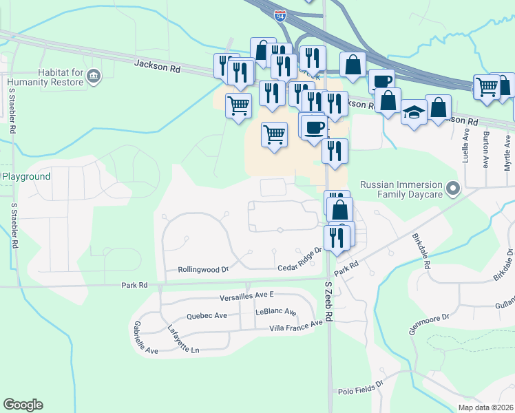 map of restaurants, bars, coffee shops, grocery stores, and more near 5614 Gallery Park Drive in Ann Arbor