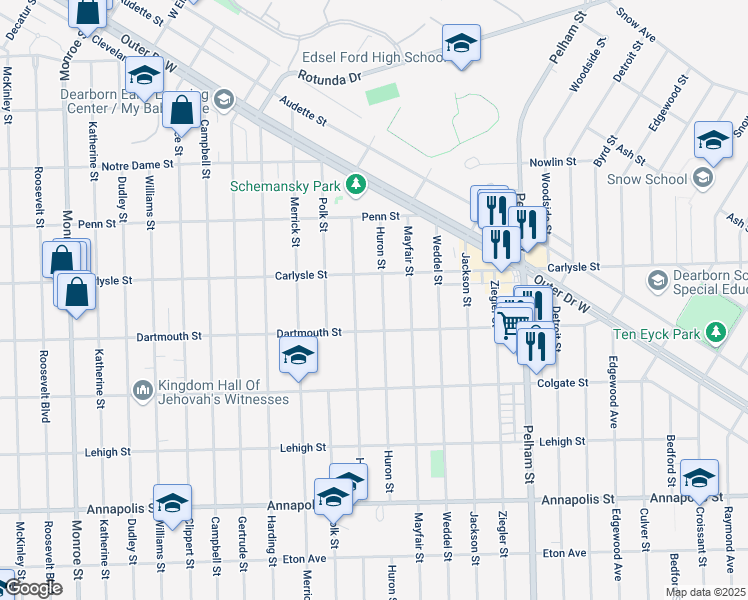 map of restaurants, bars, coffee shops, grocery stores, and more near 3740 Huron Street in Dearborn