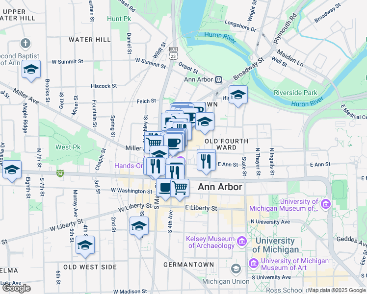 map of restaurants, bars, coffee shops, grocery stores, and more near 303 North 5th Avenue in Ann Arbor