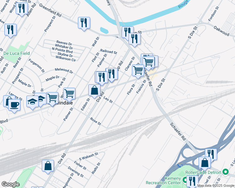 map of restaurants, bars, coffee shops, grocery stores, and more near 17289 Dora Street in Melvindale