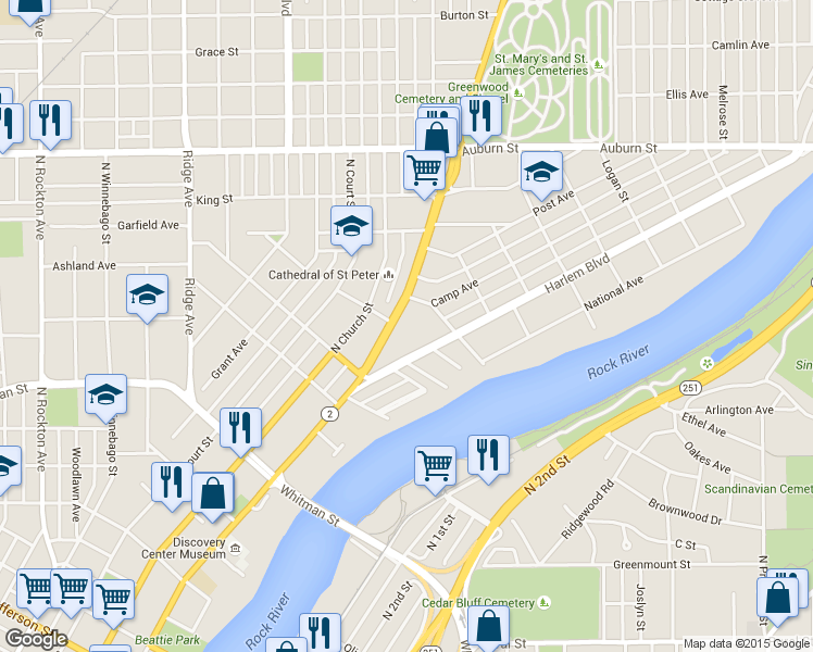 map of restaurants, bars, coffee shops, grocery stores, and more near 1201 N Main St in Rockford