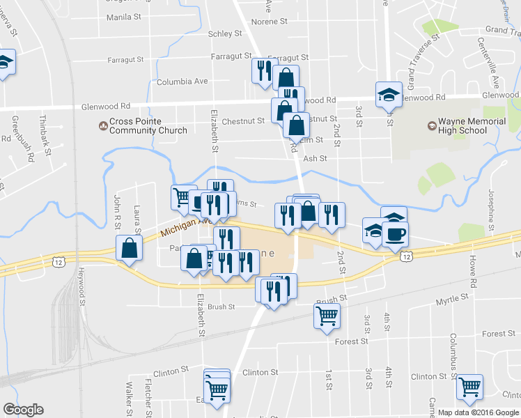 map of restaurants, bars, coffee shops, grocery stores, and more near 35240 Sims Street in Wayne