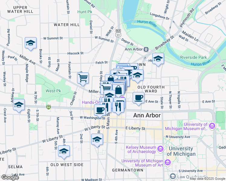 map of restaurants, bars, coffee shops, grocery stores, and more near 300 North Main Street in Ann Arbor