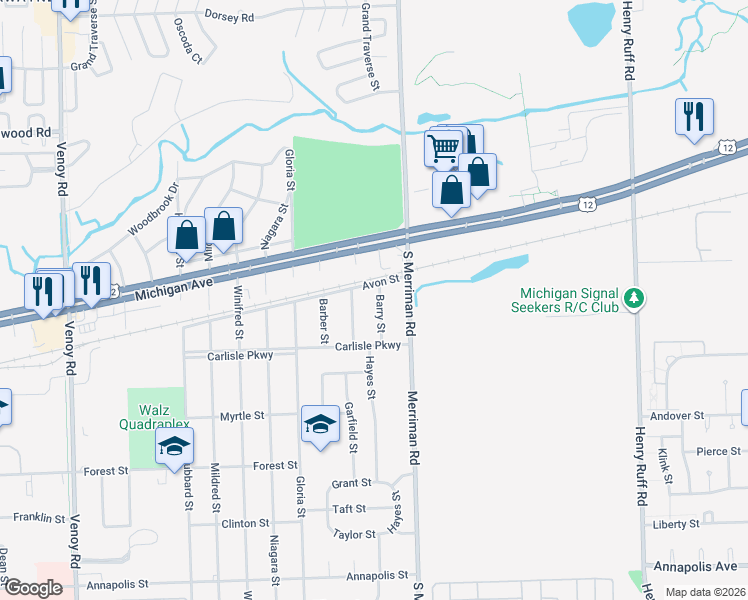 map of restaurants, bars, coffee shops, grocery stores, and more near 3548 Barry Street in Wayne