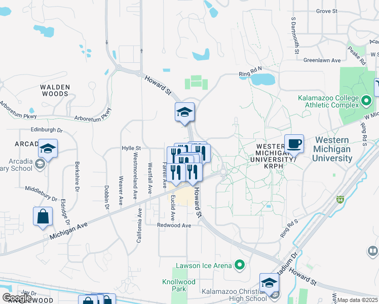 map of restaurants, bars, coffee shops, grocery stores, and more near 700 Howard Street in Kalamazoo