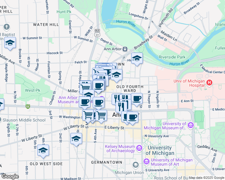 map of restaurants, bars, coffee shops, grocery stores, and more near 319 Catherine Street in Ann Arbor