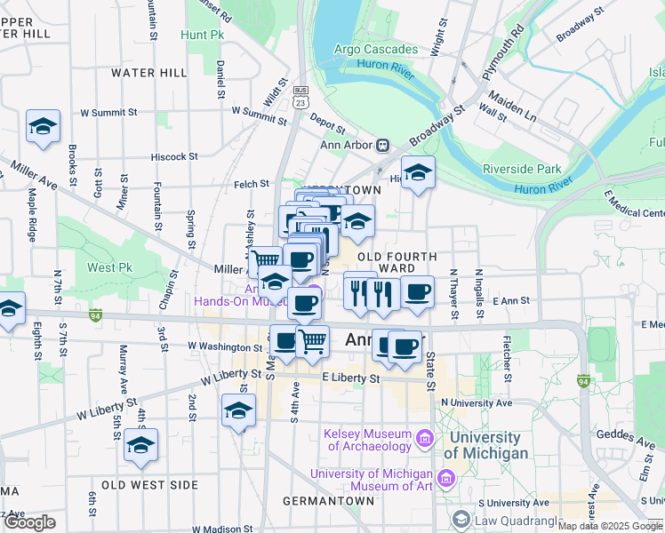map of restaurants, bars, coffee shops, grocery stores, and more near 319 Catherine Street in Ann Arbor
