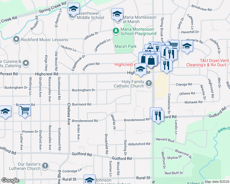 map of restaurants, bars, coffee shops, grocery stores, and more near 4121 Buckingham Drive in Rockford