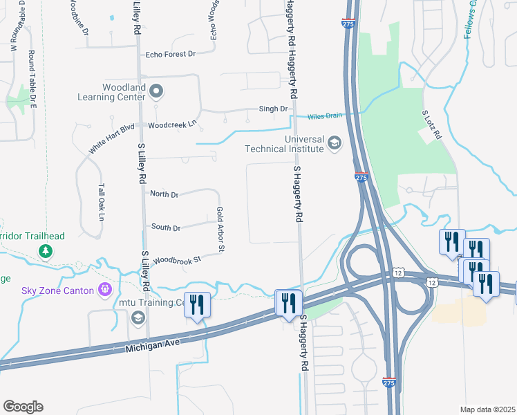 map of restaurants, bars, coffee shops, grocery stores, and more near 41430 Haggerty Circle South in Canton