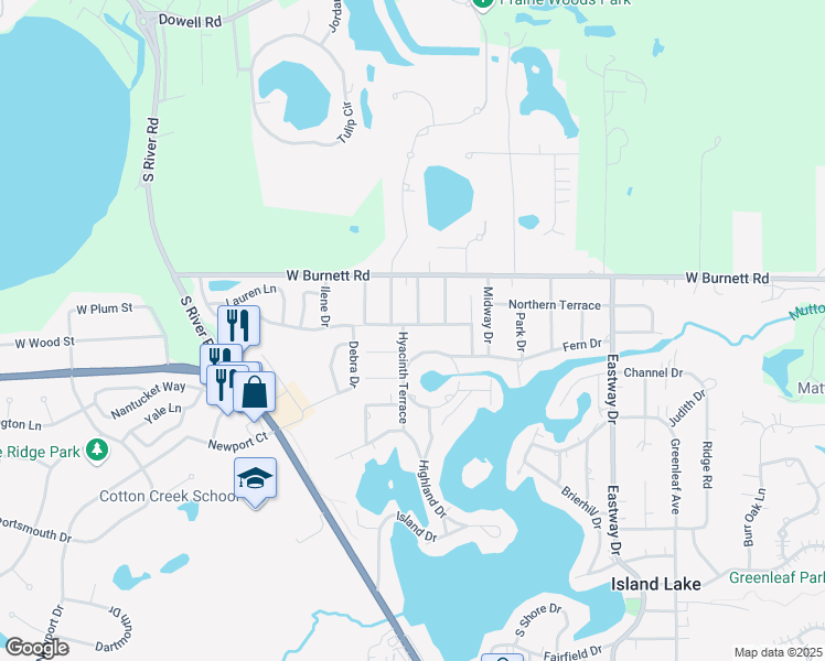 map of restaurants, bars, coffee shops, grocery stores, and more near 215 Hickory Terrace in Island Lake