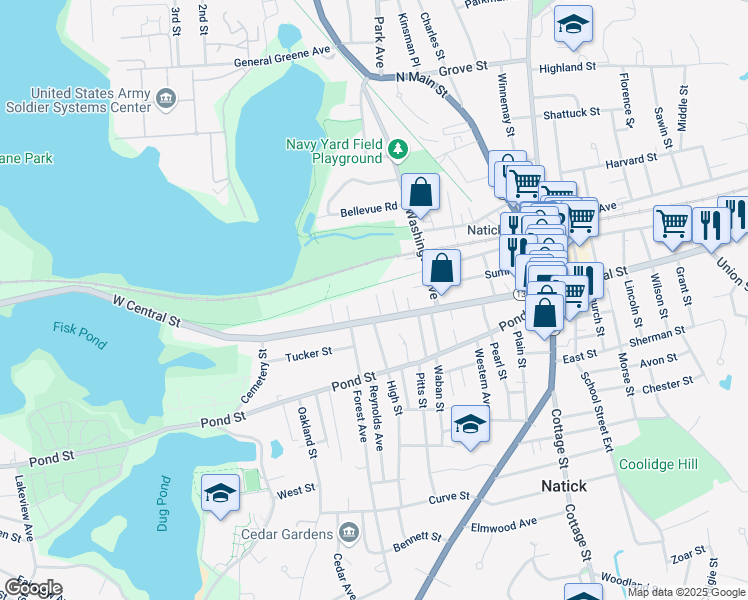 map of restaurants, bars, coffee shops, grocery stores, and more near 6 Parker Court in Natick