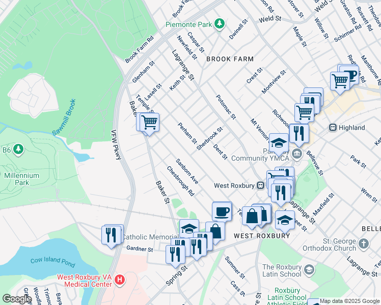 map of restaurants, bars, coffee shops, grocery stores, and more near 199 Temple Street in Boston