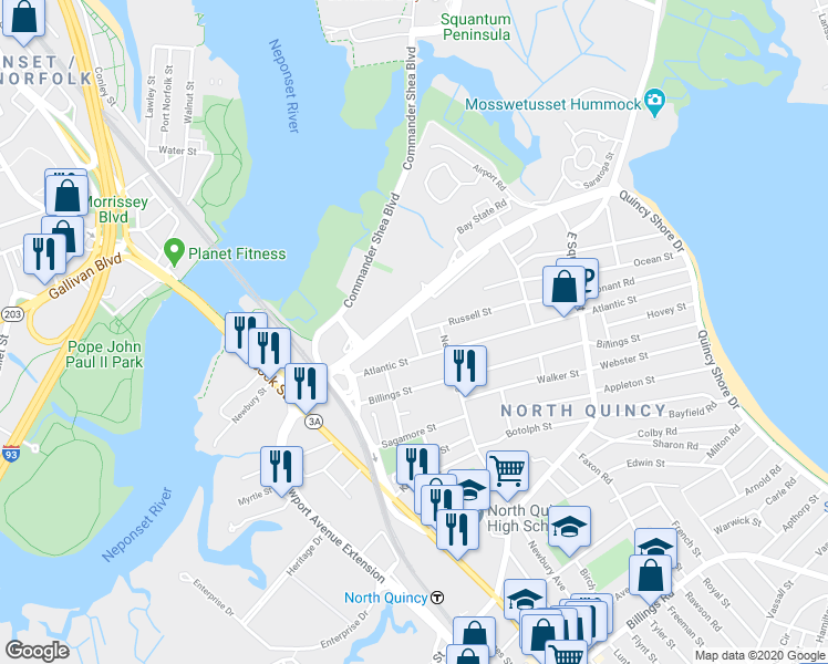 map of restaurants, bars, coffee shops, grocery stores, and more near Russell St & North St in Quincy