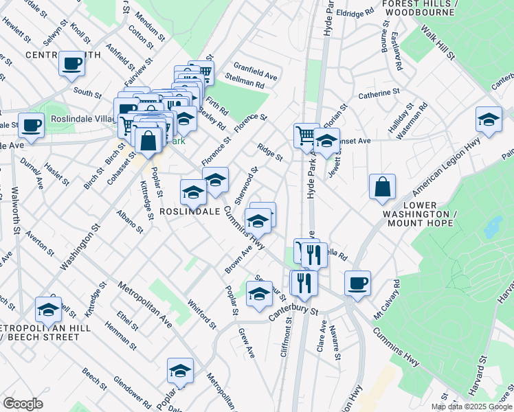 map of restaurants, bars, coffee shops, grocery stores, and more near 76 Johnswood Road in Boston
