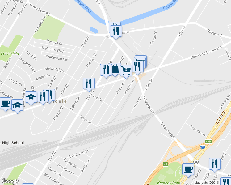 map of restaurants, bars, coffee shops, grocery stores, and more near 17209 Flora Street in Melvindale