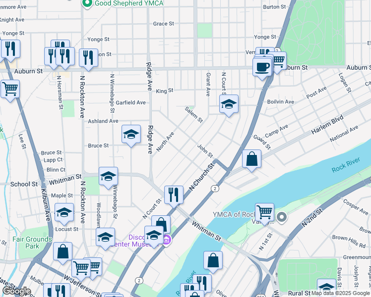 map of restaurants, bars, coffee shops, grocery stores, and more near 1011 Grant Avenue in Rockford