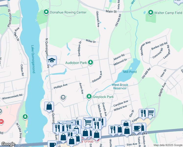 map of restaurants, bars, coffee shops, grocery stores, and more near 15 Tern Drive in Shrewsbury