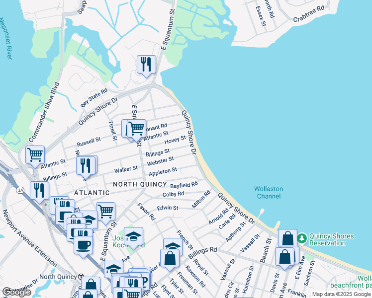 map of restaurants, bars, coffee shops, grocery stores, and more near 303 Billings St in Quincy