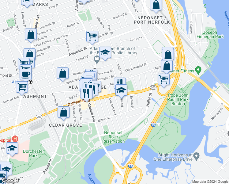 map of restaurants, bars, coffee shops, grocery stores, and more near 596-598 Gallivan Boulevard in Boston