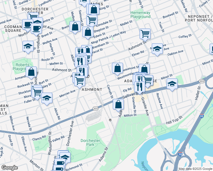 map of restaurants, bars, coffee shops, grocery stores, and more near 41 Carruth Street in Boston