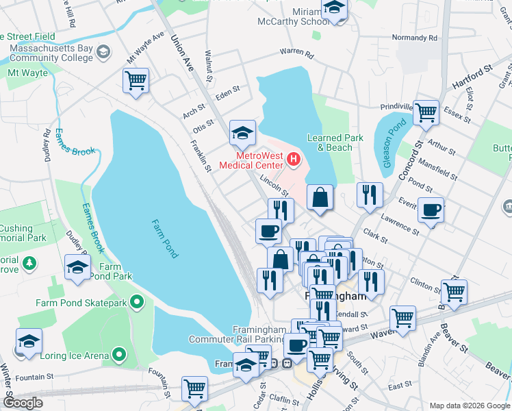 map of restaurants, bars, coffee shops, grocery stores, and more near 25 Brewster Road in Framingham