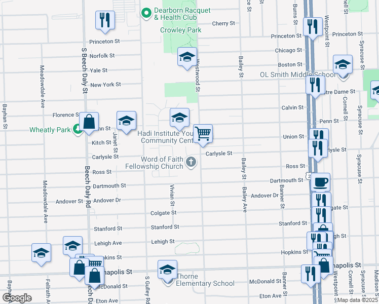 map of restaurants, bars, coffee shops, grocery stores, and more near 112 Francesco Court in Dearborn