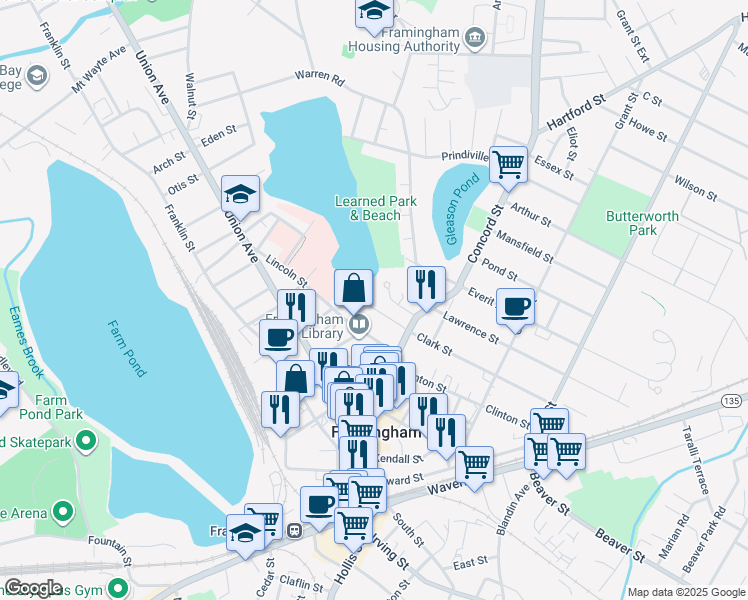 map of restaurants, bars, coffee shops, grocery stores, and more near 37 Oliver St in Framingham