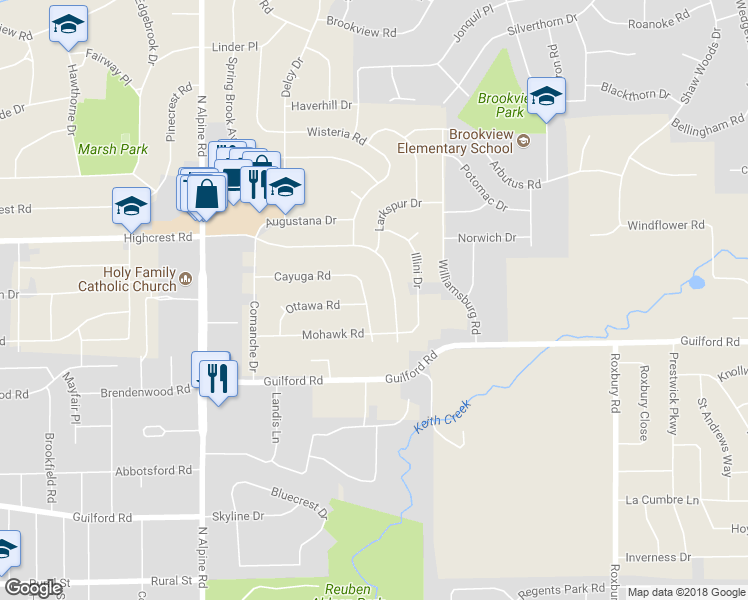 map of restaurants, bars, coffee shops, grocery stores, and more near 1417 Apache Drive in Rockford