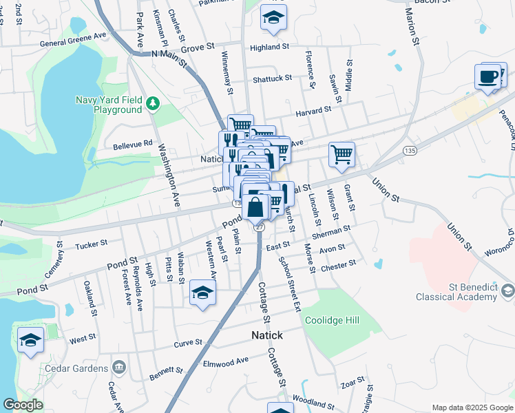 map of restaurants, bars, coffee shops, grocery stores, and more near 27 South Main Street in Natick