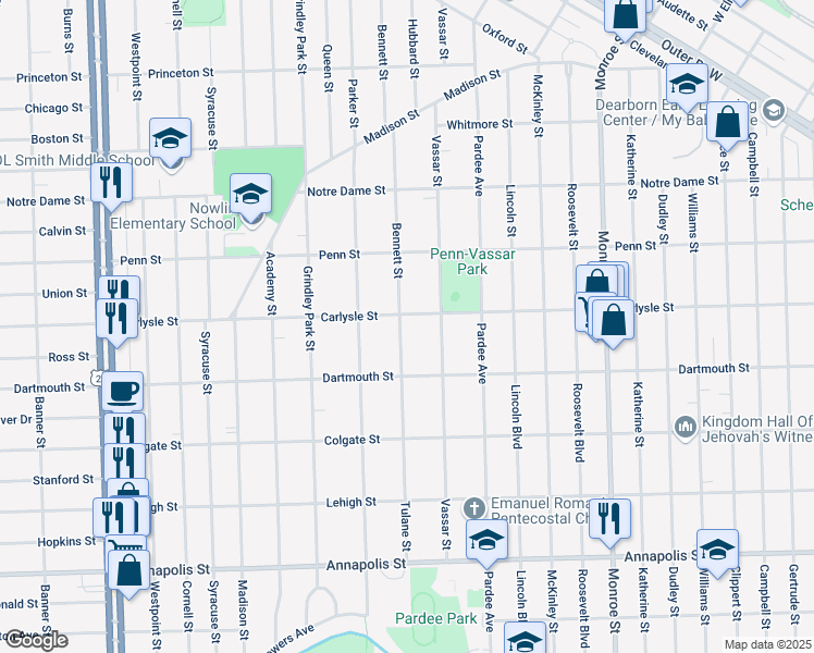 map of restaurants, bars, coffee shops, grocery stores, and more near 3717 Bennett Street in Dearborn