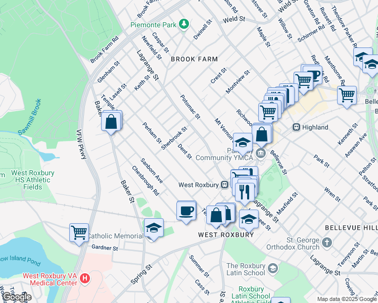 map of restaurants, bars, coffee shops, grocery stores, and more near 93-95 Dent Street in Boston