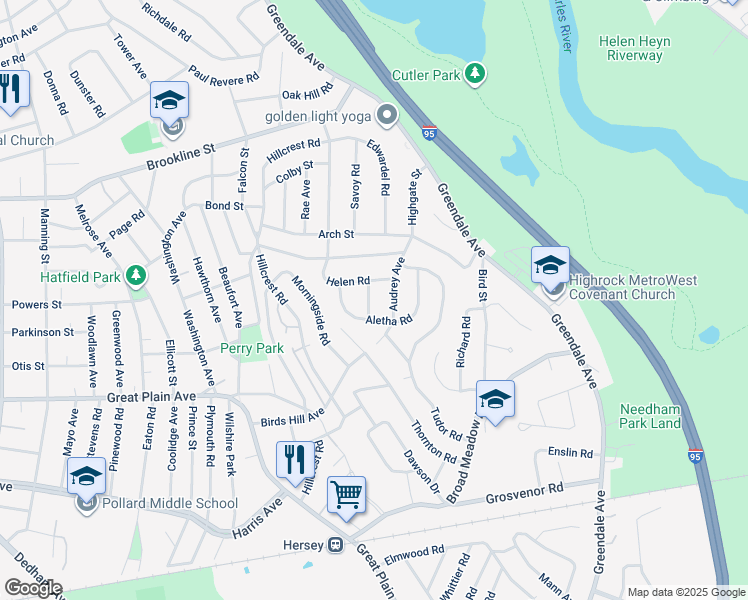 map of restaurants, bars, coffee shops, grocery stores, and more near 18 Ina Road in Needham