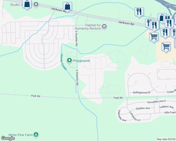 map of restaurants, bars, coffee shops, grocery stores, and more near 6351 South Trailwoods Drive in Ann Arbor