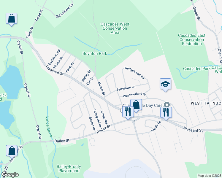 map of restaurants, bars, coffee shops, grocery stores, and more near 95 Sussex Lane in Worcester