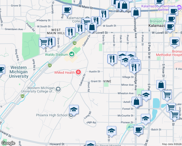 map of restaurants, bars, coffee shops, grocery stores, and more near 947 Austin Street in Kalamazoo