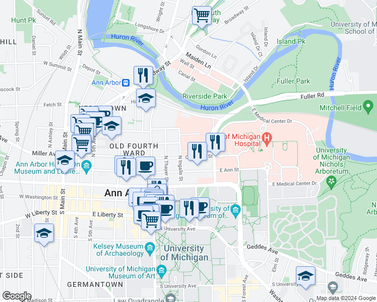 map of restaurants, bars, coffee shops, grocery stores, and more near 300 North Ingalls Street in Ann Arbor
