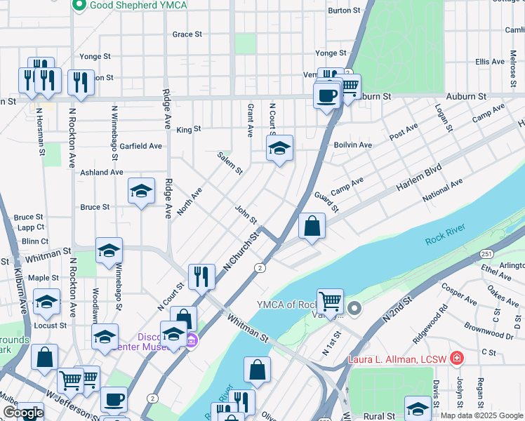 map of restaurants, bars, coffee shops, grocery stores, and more near 415 John Street in Rockford