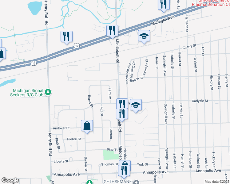 map of restaurants, bars, coffee shops, grocery stores, and more near 3674 Middlebelt Road in Inkster