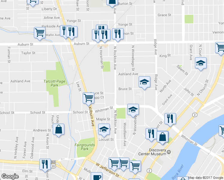 map of restaurants, bars, coffee shops, grocery stores, and more near 954 North Rockton Avenue in Rockford