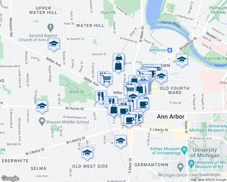 map of restaurants, bars, coffee shops, grocery stores, and more near 310 Miller Avenue in Ann Arbor