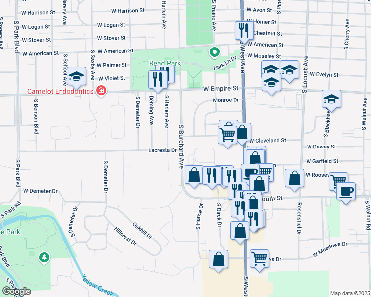 map of restaurants, bars, coffee shops, grocery stores, and more near 1485 South Burchard Avenue in Freeport