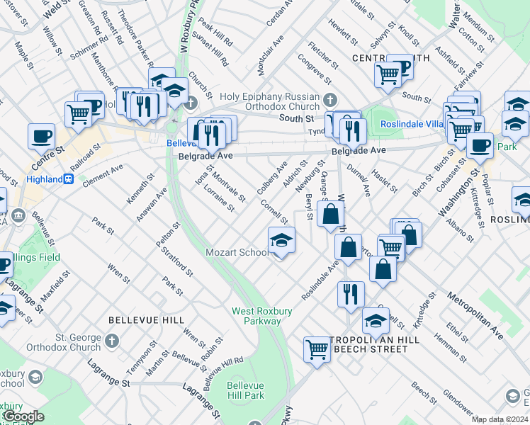 map of restaurants, bars, coffee shops, grocery stores, and more near 100 Aldrich Street in Boston