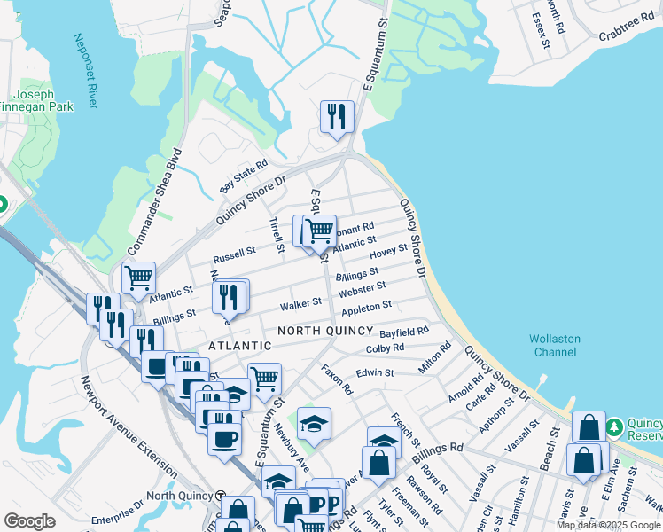map of restaurants, bars, coffee shops, grocery stores, and more near 249 East Squantum Street in Quincy