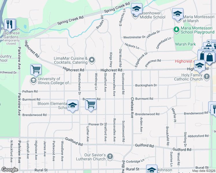 map of restaurants, bars, coffee shops, grocery stores, and more near 1515 Stratford Avenue in Rockford
