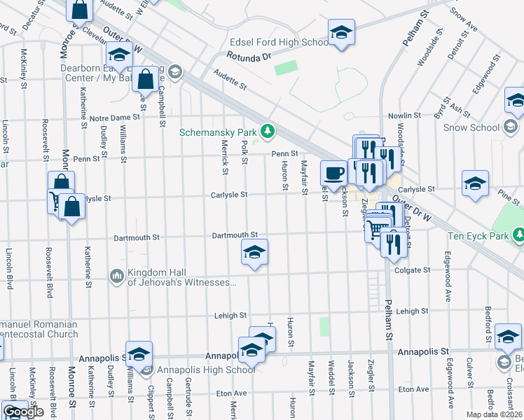 map of restaurants, bars, coffee shops, grocery stores, and more near 3744 Hipp Street in Dearborn
