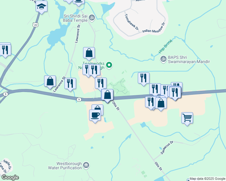 map of restaurants, bars, coffee shops, grocery stores, and more near 297 Turnpike Road in Westborough