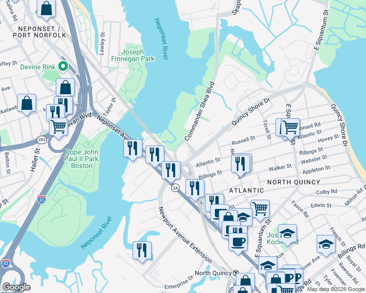 map of restaurants, bars, coffee shops, grocery stores, and more near 133 Commander Shea Boulevard in Quincy