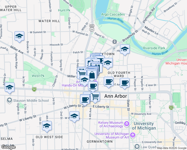 map of restaurants, bars, coffee shops, grocery stores, and more near 303 North 5th Avenue in Ann Arbor