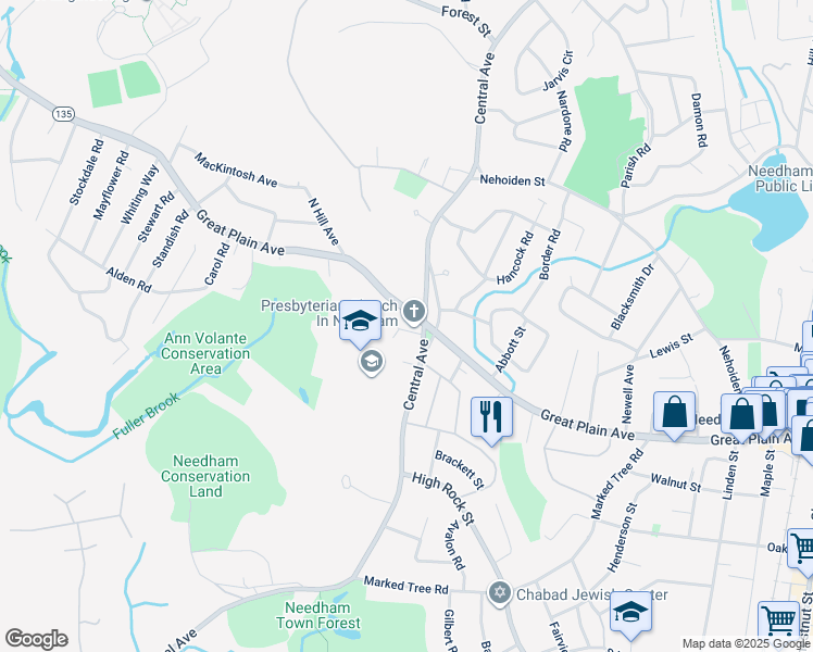 map of restaurants, bars, coffee shops, grocery stores, and more near 1458 Great Plain Avenue in Needham
